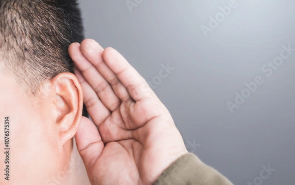 Fototapeta Close-up of a person cupping their hand behind their ear, indicating hearing difficulties. This image highlights the challenges of hearing loss and the importance of ear health awareness