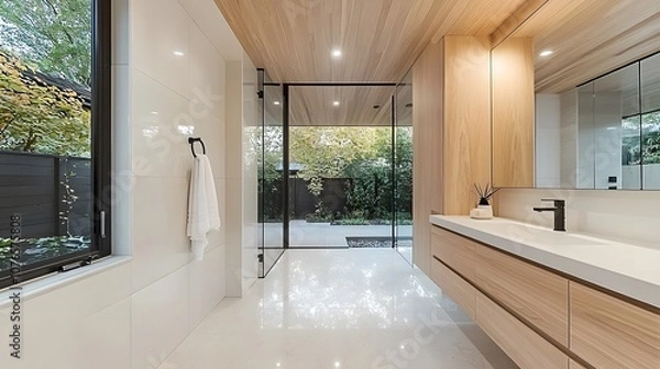Fototapeta Minimalist bathroom with plain white tiles and a single hanging towel, neat and functional, 8K