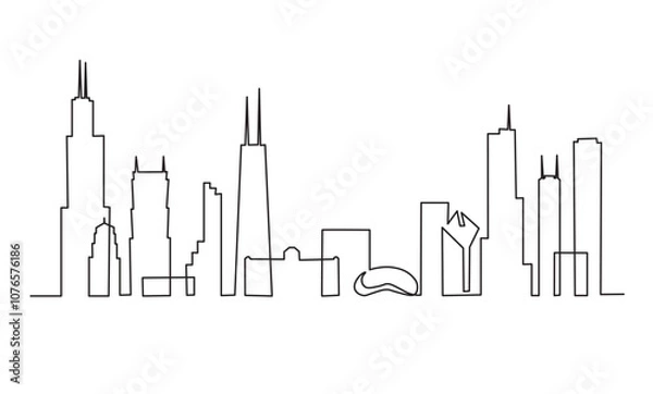 Fototapeta skyline line art drawing style. Cityscape of Chicago with silhouettes of most famous buildings and towers. design isolated on white background. Vector illustration.