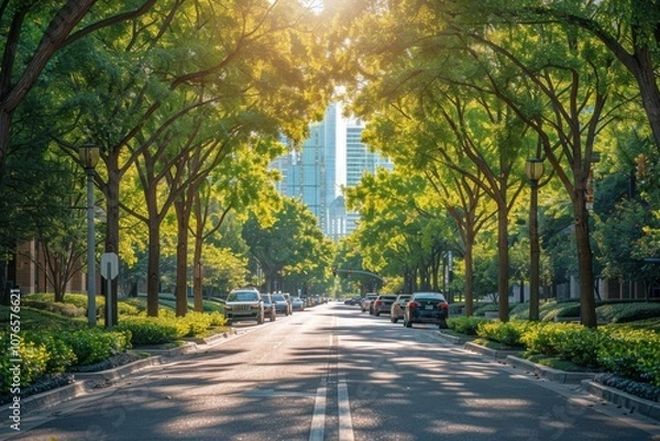 Obraz Vibrant Tree-Lined Street in City Promoting Green Initiatives