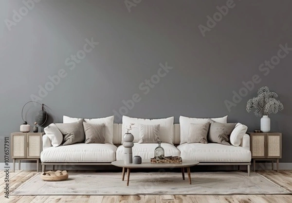 Fototapeta Modern living room with a gray sofa. a coffee table. and a large plant
