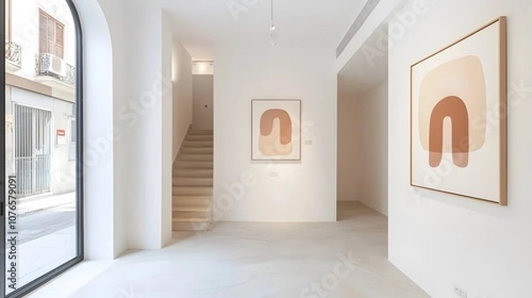 Fototapeta Subtle beige artwork on a white wall, offering a minimalist touch to an open space, 8K