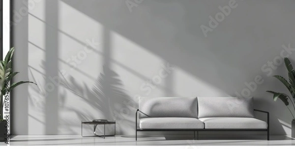 Fototapeta Minimalist living room with a white sofa. chair. and table. featuring a vase with branches. against a blank white wall
