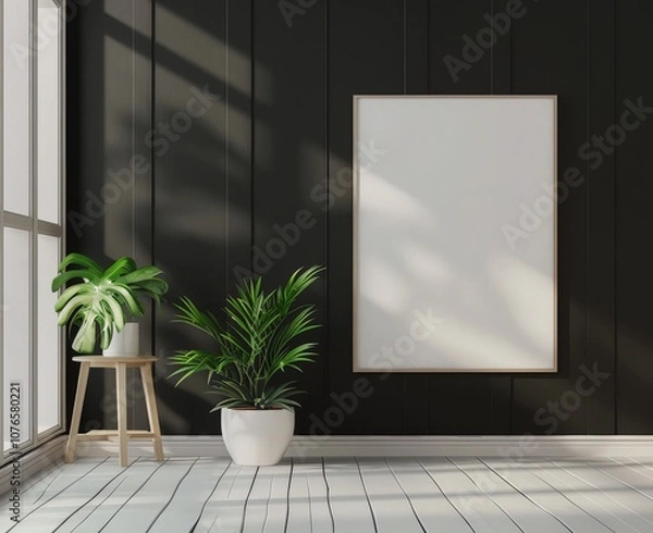 Fototapeta A large blank frame mockup in a modern minimalist living room with a potted palm plant and wooden stand