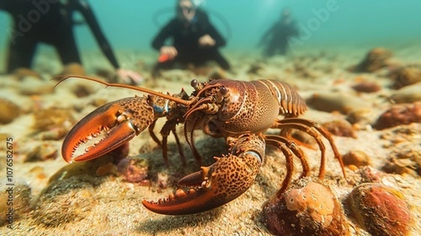 Fototapeta Divers catching lobsters at the ocean floor