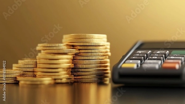 Obraz A stack of gold coins next to a card reader on a gold background.