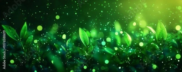 Fototapeta A serene, green-themed image featuring leaves and soft glowing particles, evoking a sense of nature and tranquility.