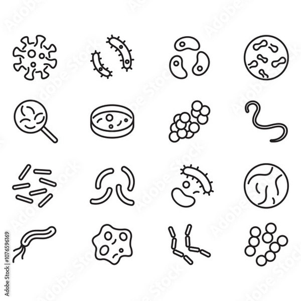 Fototapeta Collection of bacteria and germs icons. Thin line vector.