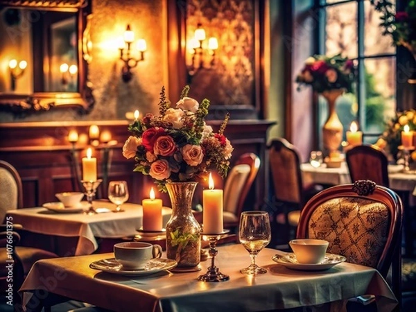 Obraz Vintage Restaurant Dating Scene with Cozy Atmosphere and Elegant Table Settings, Capturing the Essence of Romance and Connection in a Charming Old-School Eatery