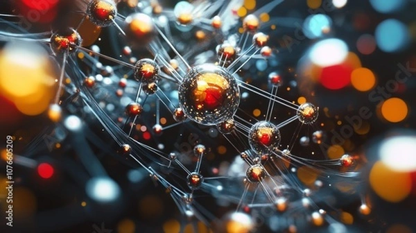 Fototapeta A 3D render of a molecule, representing science, industry, and research and development. The molecular structure is depicted with interconnected atoms and bonds