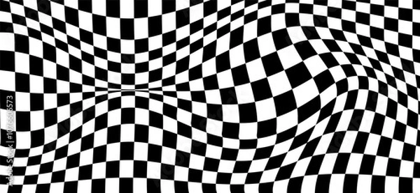 Fototapeta Wavy checkerboard background visual illusion distortion. Chess board. Vector illustration.