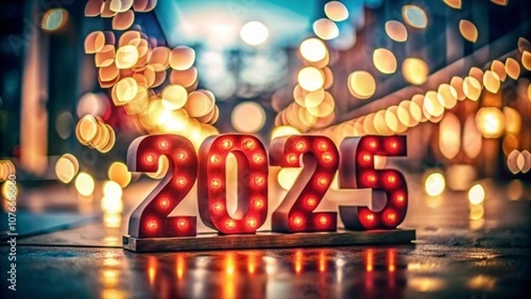 Fototapeta Vintage Style Photography of the Year 2025 Illuminated in Red with a Nostalgic Atmosphere and Soft Focus, Perfect for Celebrating Milestones and Future Events
