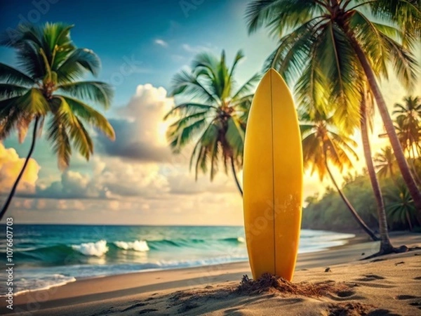Fototapeta Vintage-style Yellow Surfboard on Tropical Beach Surrounded by Palm Trees with Serene Ocean View Evoking Nostalgic Summer Vibes in Panoramic Photography
