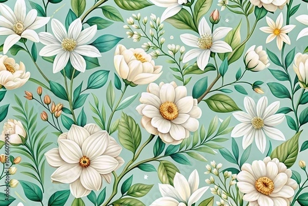 Obraz White Flowers Floral Pattern Background with Copy Space, Perfect for Elegant Designs and Botanical Themes in Light Color Palettes for Print and Digital Use