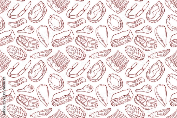 Fototapeta Seamless meat pattern with various cuts and types in line art style. Perfect for butcher shop design, culinary project or background in food related illustration.