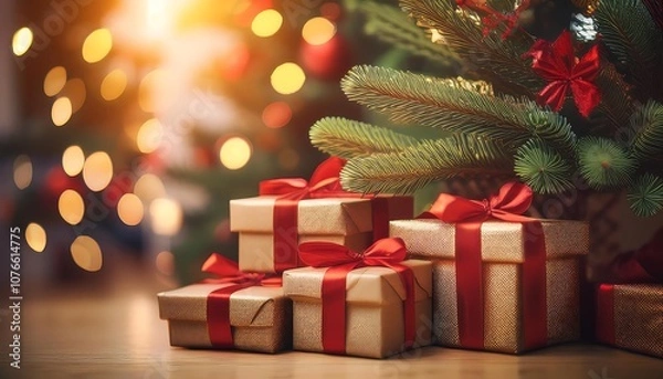 Fototapeta stack of wrapped Christmas presents with red ribbons under a decorated Christmas tree. The background is blurred with warm, golden lights.