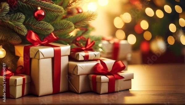 Fototapeta stack of wrapped Christmas presents with red ribbons under a decorated Christmas tree. The background is blurred with warm, golden lights.