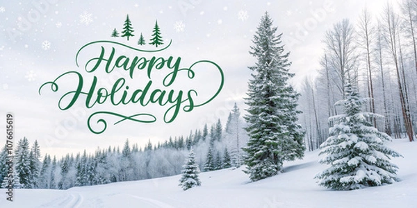 Fototapeta Happy Holidays in Classic Green Calligraphy on Winter Trees Background Banner