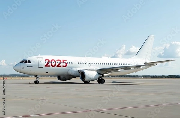 Fototapeta A white passenger plane stands on the runway at the airport. On board are the red numbers 2025. The concept of passenger transportation for Christmas 
and New Year's holidays