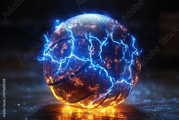 Fototapeta Blue lightning bolts illuminating a basketball. Generative Ai