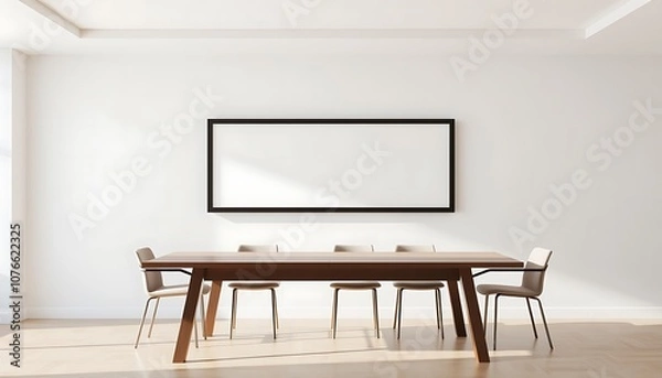 Fototapeta Clean, modern dining room with a horizontal frame on a wall behind a rectangular table.