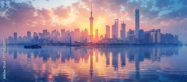 Fototapeta Shanghai Skyline at Sunrise with Reflections