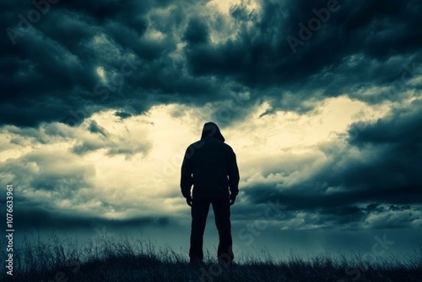 Fototapeta A man stands alone in a field of tall grass, looking up at the sky