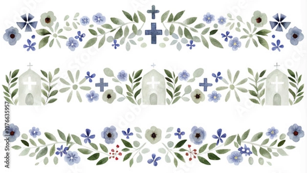 Obraz Watercolor seamless pattern with crosses, flowers, crosses and crosses.