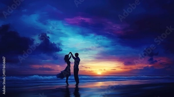 Obraz silhouette of a couple sharing a kiss under a tree, with sunlight filtering through the leaves,