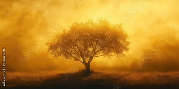 Obraz Majestic tree silhouette at sunset with golden sky and serene landscape