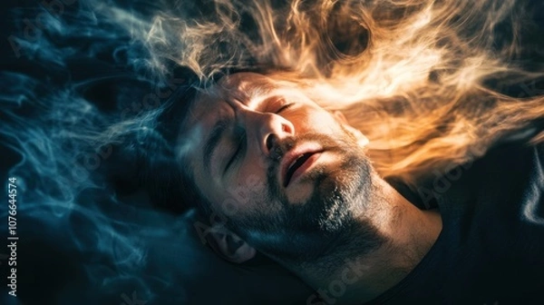 Obraz A Man Lying on the Ground with Ethereal Smoke Emitting from His Head, Capturing a Surreal and Dreamlike State of Mind with Vibrant Colors