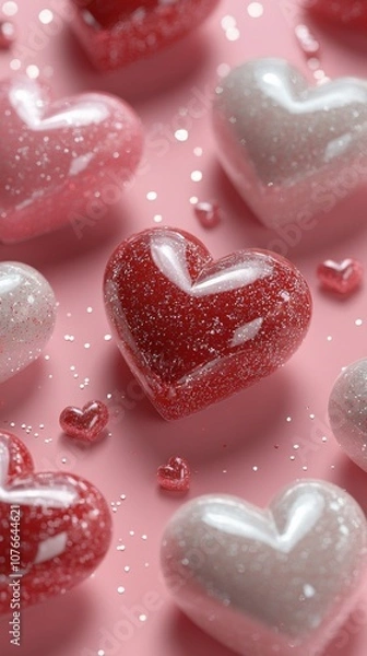 Fototapeta Colorful sparkling hearts arranged on a soft pink background for a festive celebration