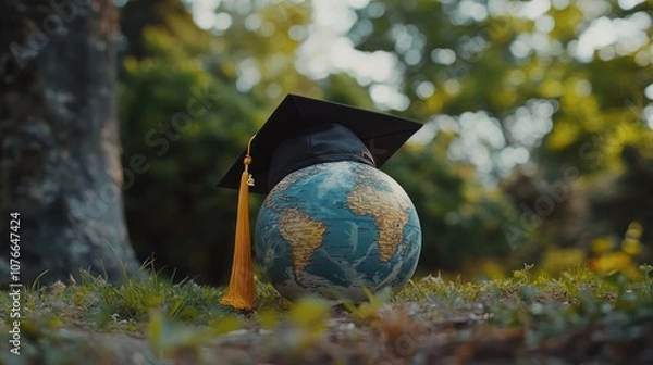 Fototapeta A globe wearing a graduation cap symbolizes education and global awareness.