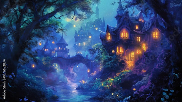 Fototapeta Illustration cover featuring a whimsical fantasy scene with a magical forest, glowing creatures, and a charming castle in the background
