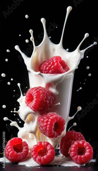 Fototapeta Raspberries and Glass of Milk Falling into Milk Splash with Berries on Black Background