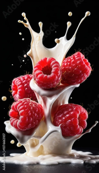 Fototapeta Raspberry Falling into Milk Splash with Berries on Black Background