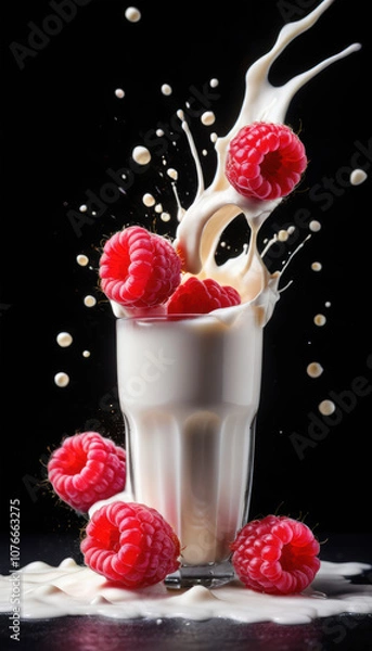 Fototapeta Raspberries and Glass of Milk Falling into Milk Splash with Berries on Black Background