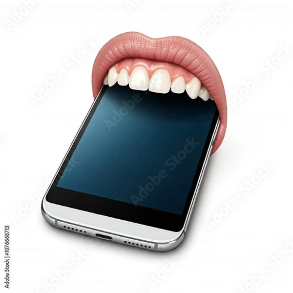 Fototapeta A mouth gripping a smartphone from the bottom edge