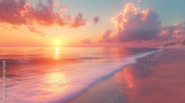 Obraz Serene sunset over a calm beach with gentle waves.