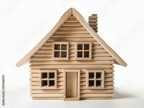 Fototapeta Wooden Cabin Model: A charming, rustic wooden cabin model, crafted with meticulous detail, stands as a symbol of cozy living and peaceful getaways. It's perfect for architectural visualizations.