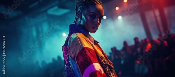 Fototapeta A model poses dramatically in a vibrant, atmospheric setting.