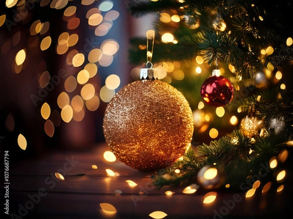 Obraz きらめくゴールドのオーナメントとクリスマスツリー - 温かみのある光に包まれた、幻想的なクリスマスシーン