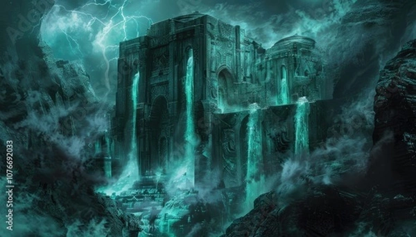 Fototapeta Ancient Stone Temple with Waterfalls and Thunderstorm