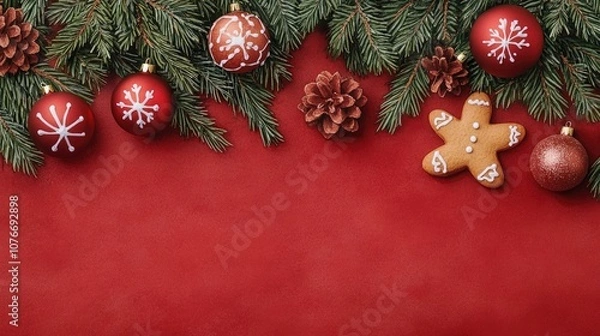 Fototapeta Festive watercolor flat lay composition featuring Christmas tree branches gingerbread cookies and shiny ornaments on a red background evoking a cozy and joyful holiday atmosphere