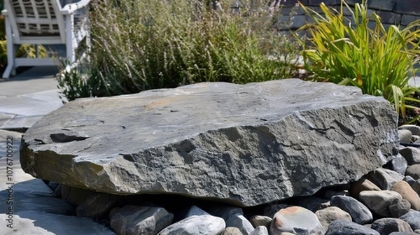 Obraz flat stone podium on a rock platform serves as a stylish showcase against a backdrop of verdant forest scenery