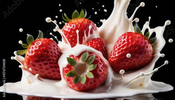 Fototapeta Strawberry Falling into Milk Splash on Black Background