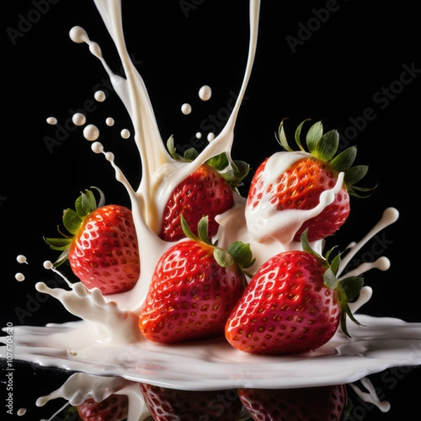 Fototapeta Strawberry Falling into Milk Splash on Black Background