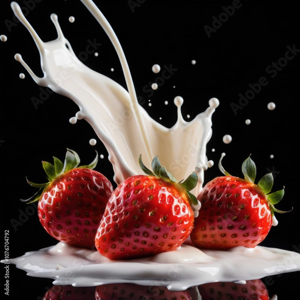 Fototapeta Strawberry Falling into Milk Splash on Black Background