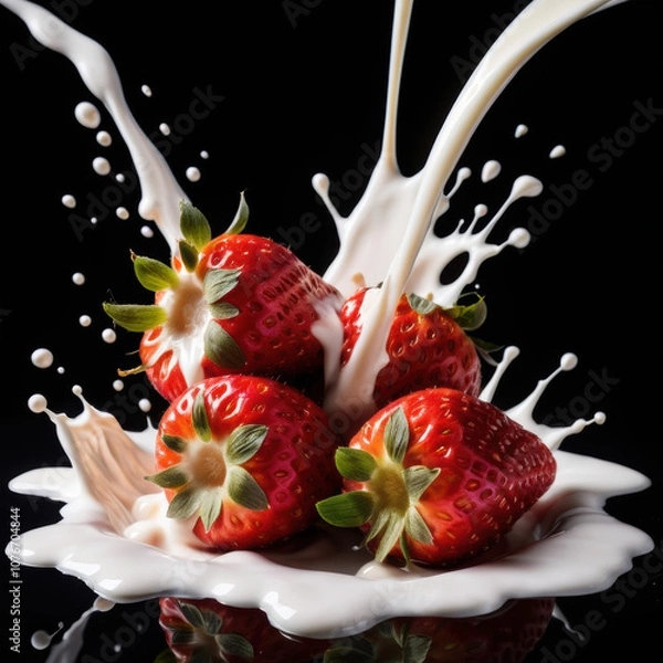 Fototapeta Strawberry Falling into Milk Splash on Black Background