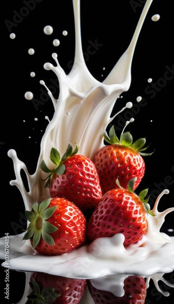 Fototapeta Strawberry Falling into Milk Splash on Black Background